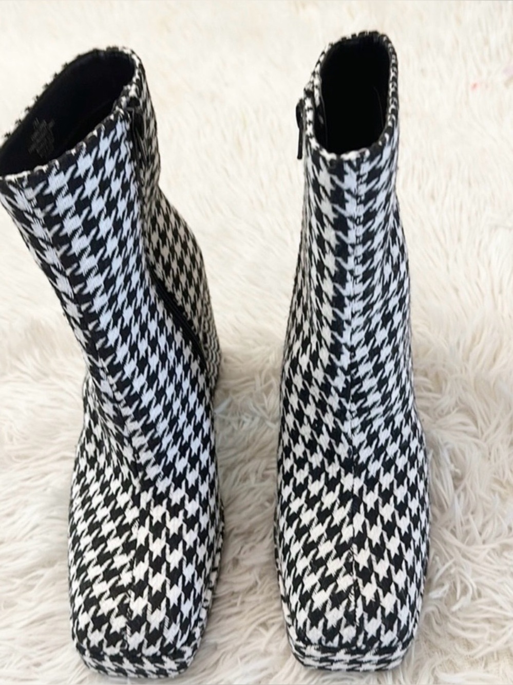 Gianni Bini Booties Houndstooth Fabric Black White Square Toe Block Heel New 7 - Picture 9 of 12
